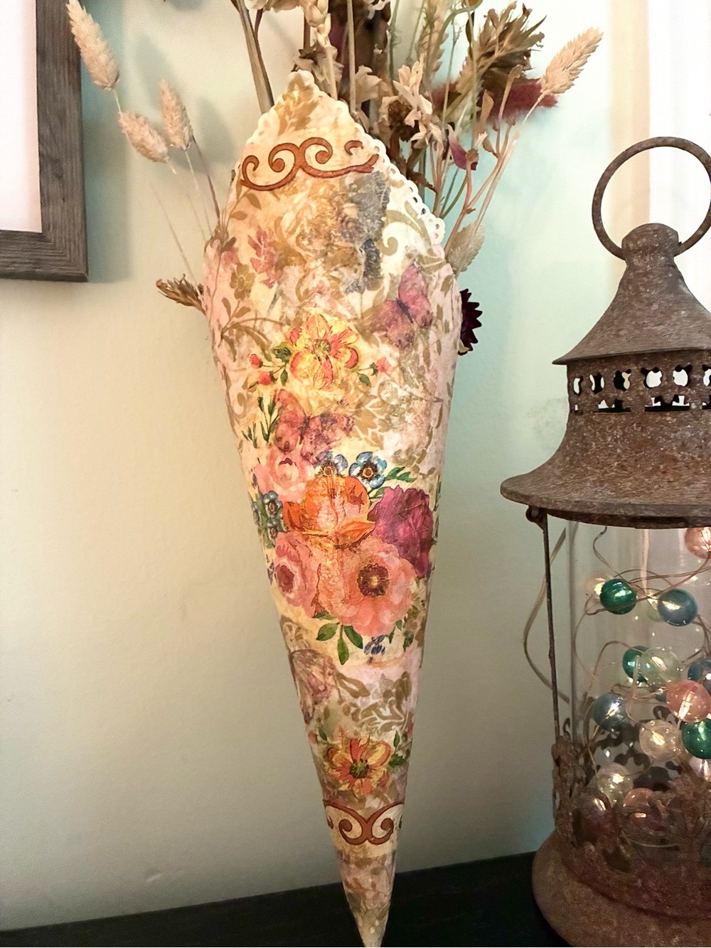 Handcrafted Floral  Cone Pocket Vase - vintage style decoupage, bouquet holder